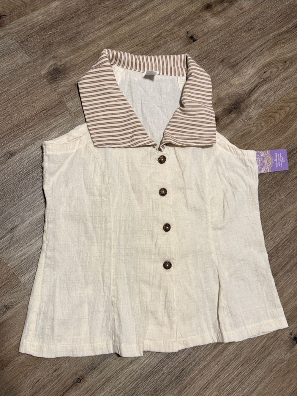 NWT Sleeveless Cream Button-Front Organic Cotton Top with Striped Collar